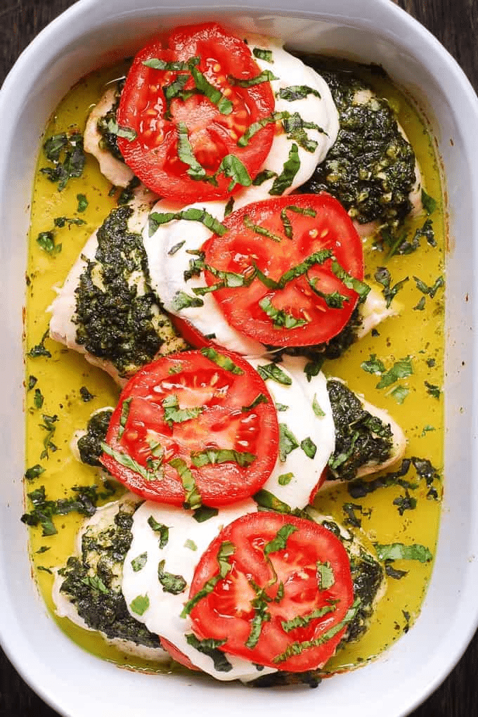 Basil Pesto Tomato Mozzarella Chicken Bake Recipe