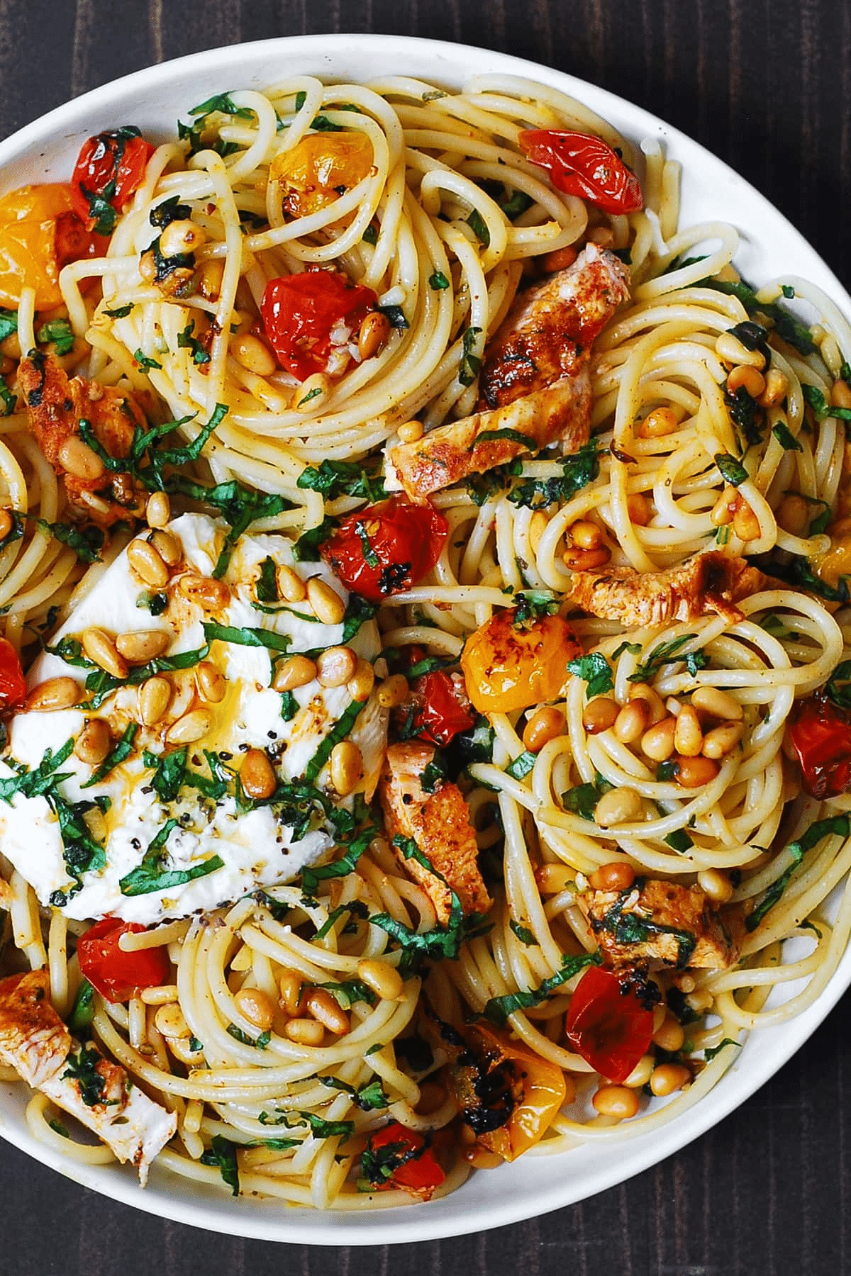 Chicken Spaghetti with Burrata and Lemon Butter Garlic Sauce Recipe