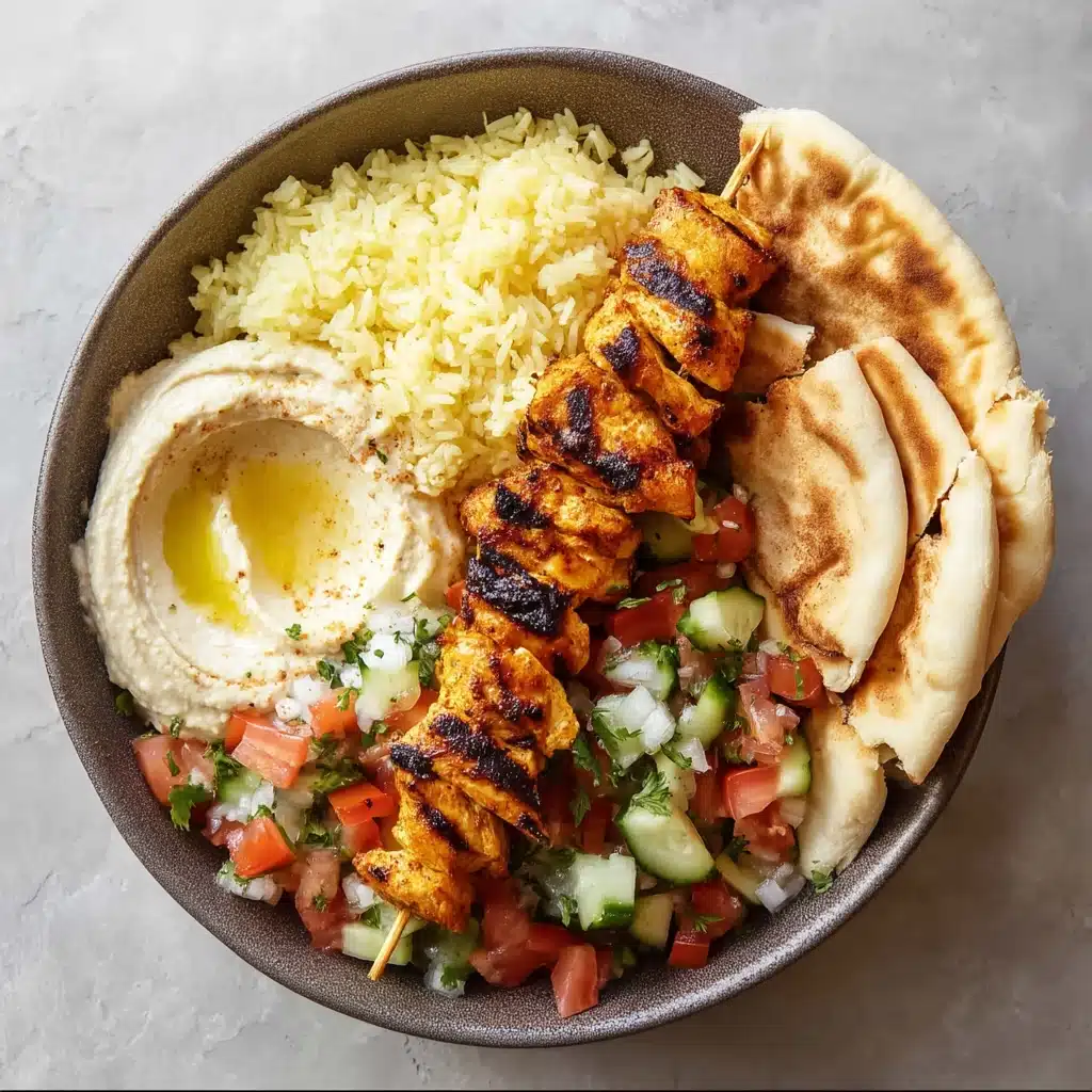 Mediterranean Rice Bowl with Grilled Chicken Tawook Skewers Recipe - Recipe Image
