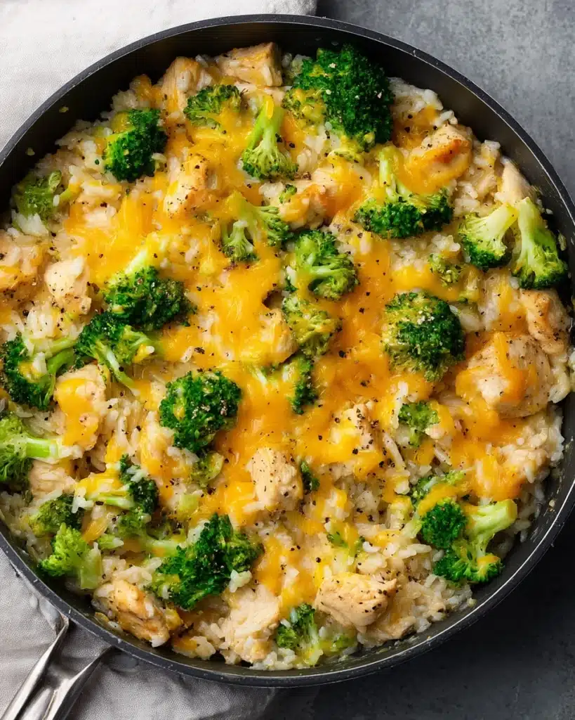 One Pan Cheesy Chicken Broccoli and Rice Recipe