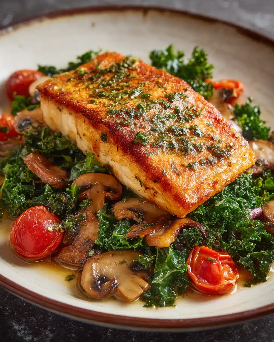 Herby Fish with Wilted Greens & Mushrooms Recipe