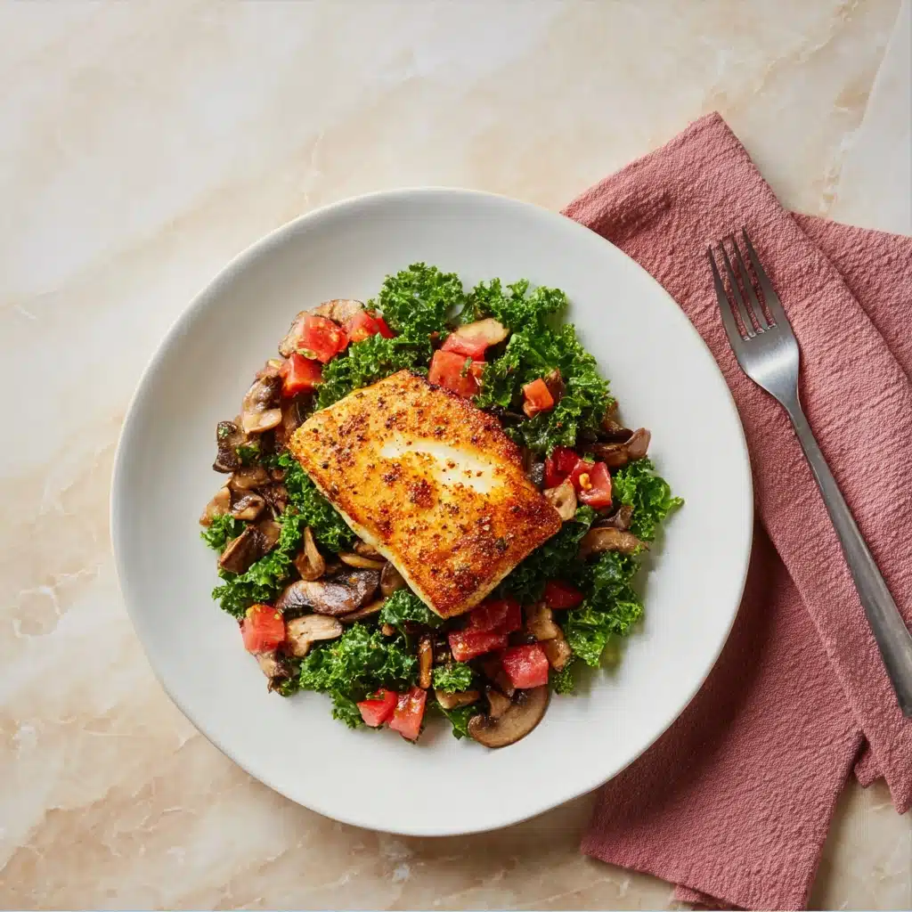 Herby Fish with Wilted Greens & Mushrooms Recipe - Recipe Image