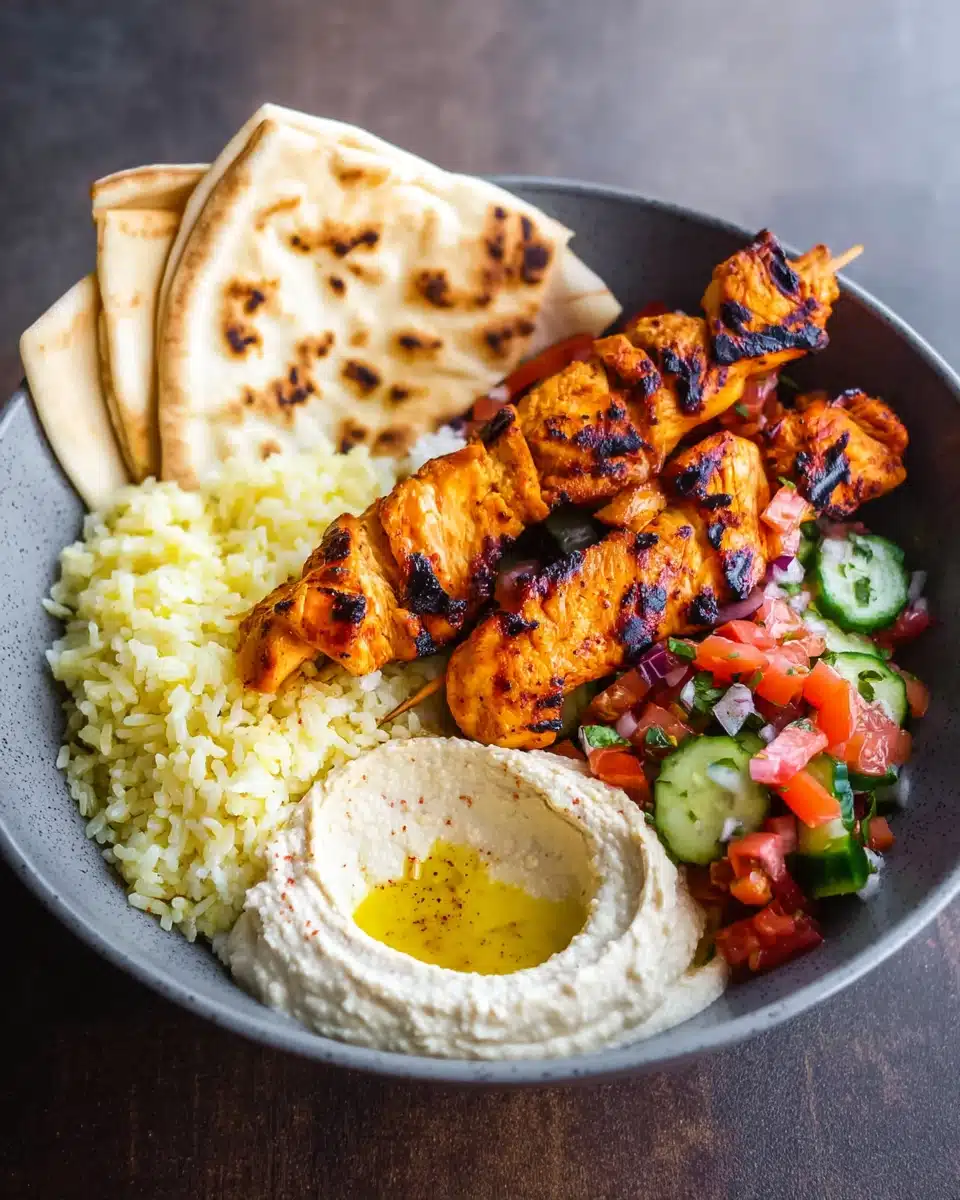 Mediterranean Rice Bowl with Grilled Chicken Tawook Skewers Recipe