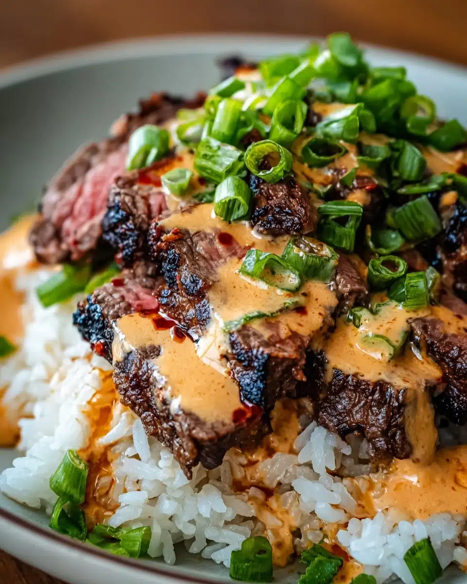 Korean BBQ Steak Rice Bowls with Spicy Cream Sauce Recipe