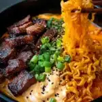 Spicy Korean Ramen with Grilled Beef & Creamy Sauce Recipe