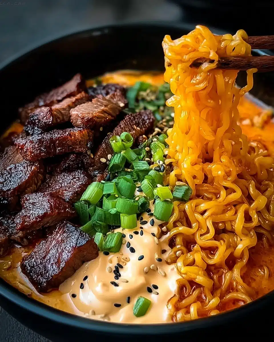 Spicy Korean Ramen with Grilled Beef & Creamy Sauce Recipe