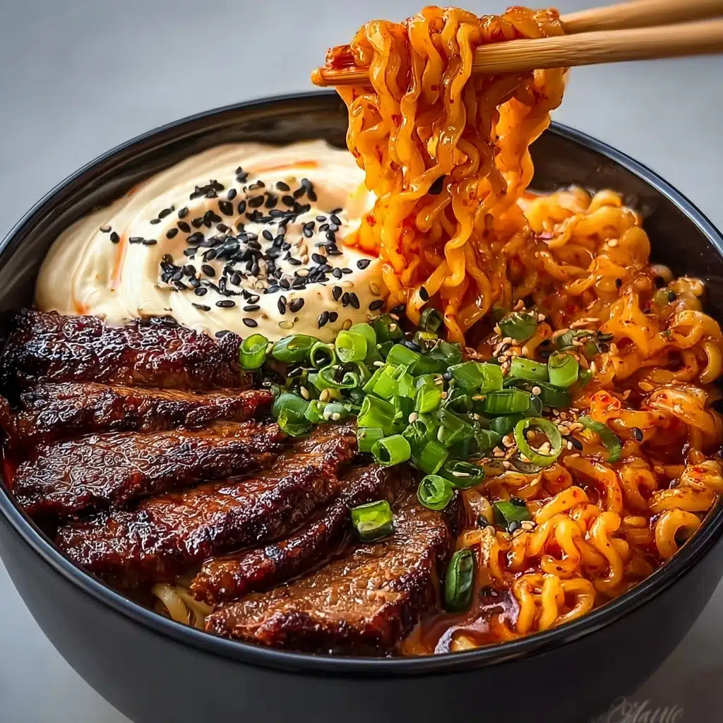 Spicy Korean Ramen with Grilled Beef & Creamy Sauce Recipe - Recipe Image