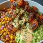 Grilled Shrimp Bowl with Avocado, Corn Salsa & Creamy Sauce Recipe