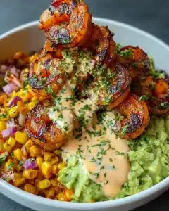 Grilled Shrimp Bowl with Avocado, Corn Salsa & Creamy Sauce Recipe