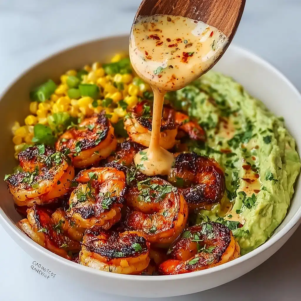 Grilled Shrimp Bowl with Avocado, Corn Salsa & Creamy Sauce Recipe - Recipe Image