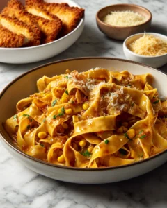 Burst Tomato Pappardelle with Zucchini, Sweet Corn, and Pan-Fried Chicken Recipe