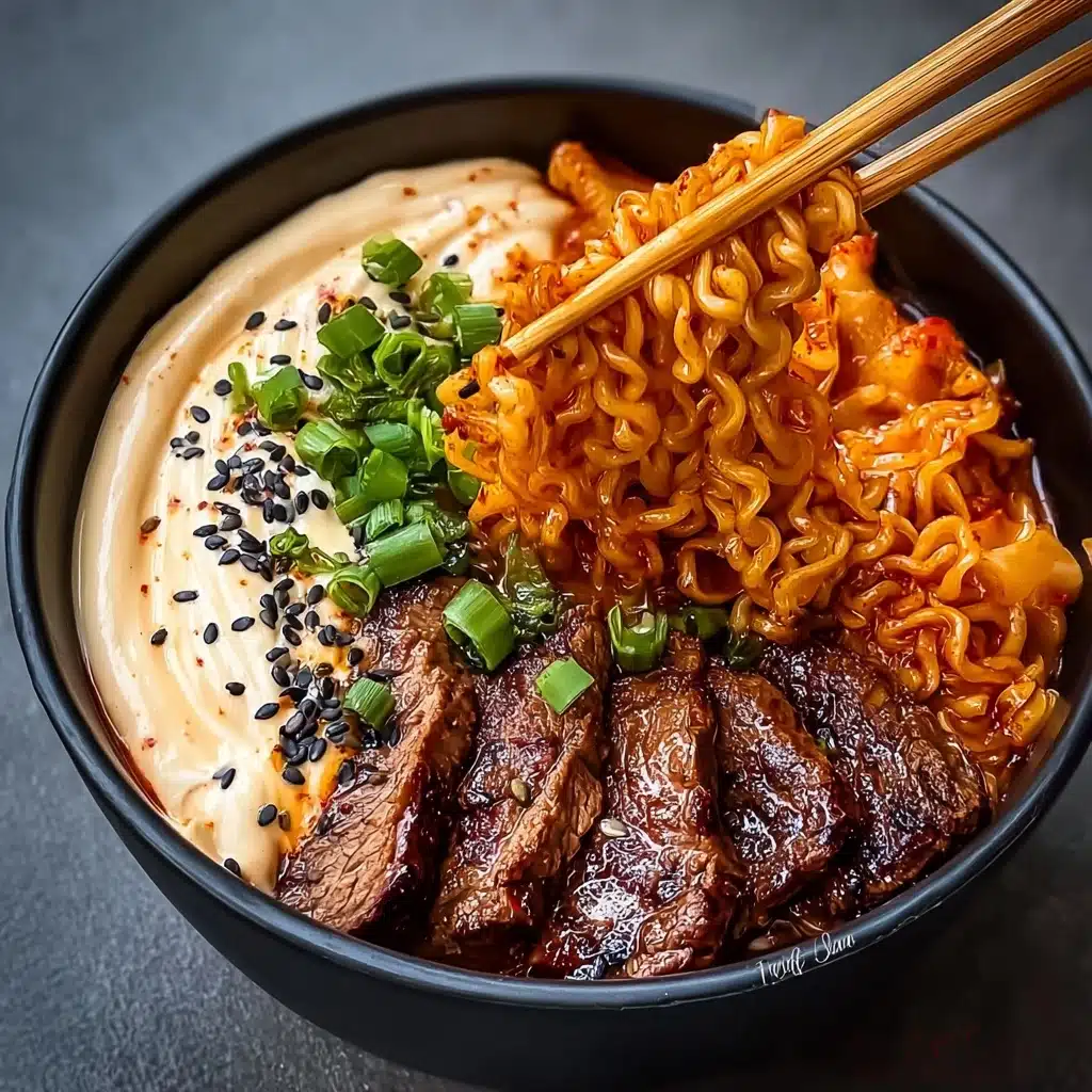 Spicy Korean Ramen with Grilled Beef & Creamy Sauce Recipe - Recipe Image