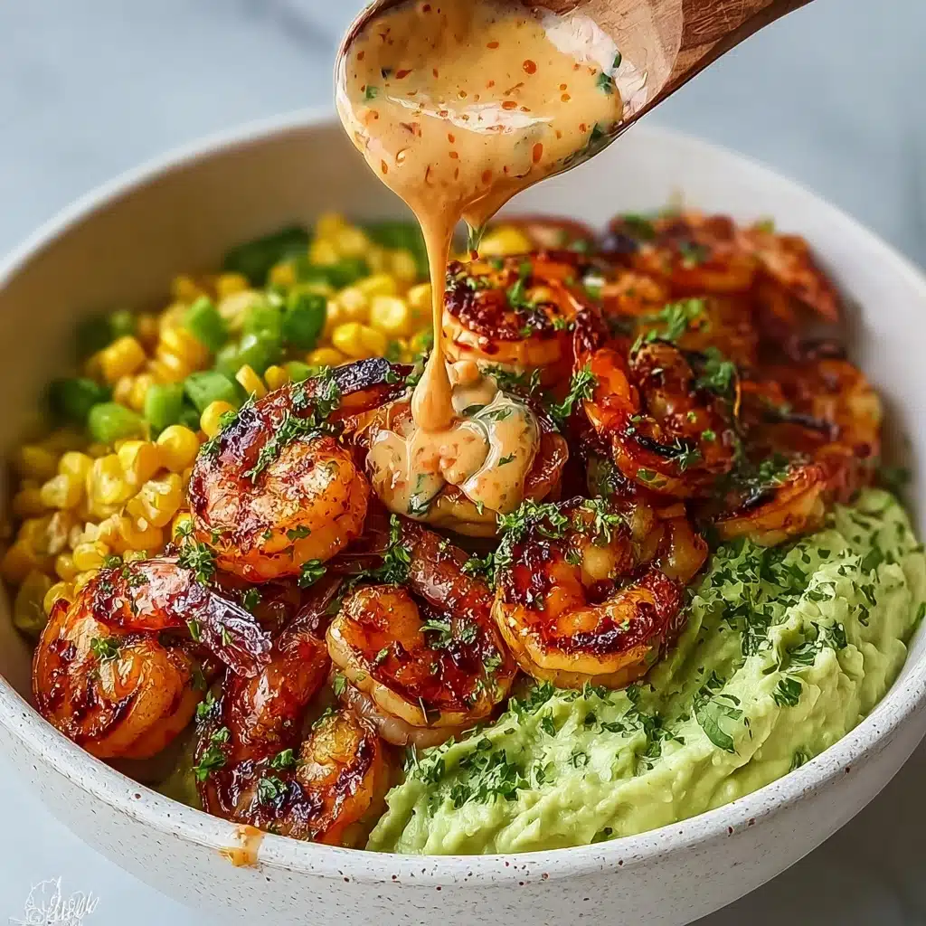 Grilled Shrimp Bowl with Avocado, Corn Salsa & Creamy Sauce Recipe - Recipe Image