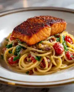 Healthy & Creamy Tuscan Salmon Pasta Recipe
