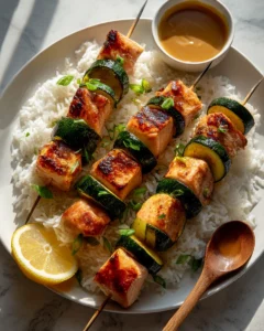 Miso Salmon Skewers with Zucchini and Scallions Recipe