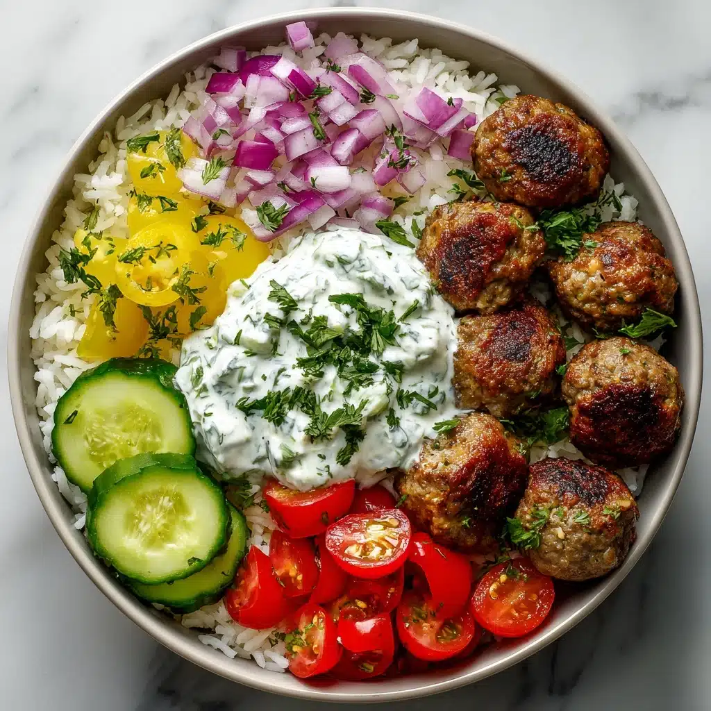 Greek Meatball Bowl with Tzatziki, Rice & Fresh Veggies Recipe