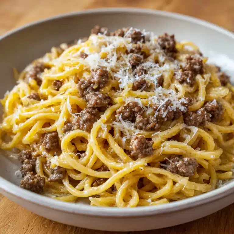 Cheesy Garlic Butter Linguine Pasta with Savory Ground Beef Recipe
