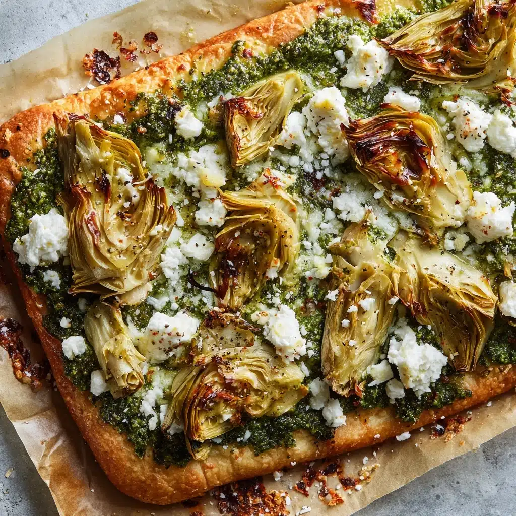 Green Pizza with Pesto, Feta & Artichokes Recipe - Recipe Image