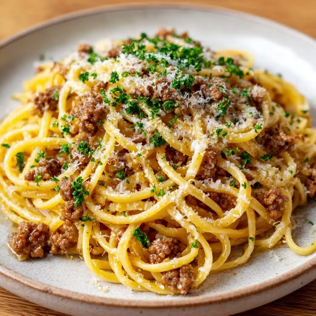 Cheesy Garlic Butter Linguine Pasta with Savory Ground Beef Recipe - Recipe Image