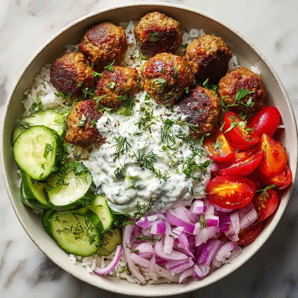 Greek Meatball Bowl with Tzatziki, Rice & Fresh Veggies Recipe - Recipe Image