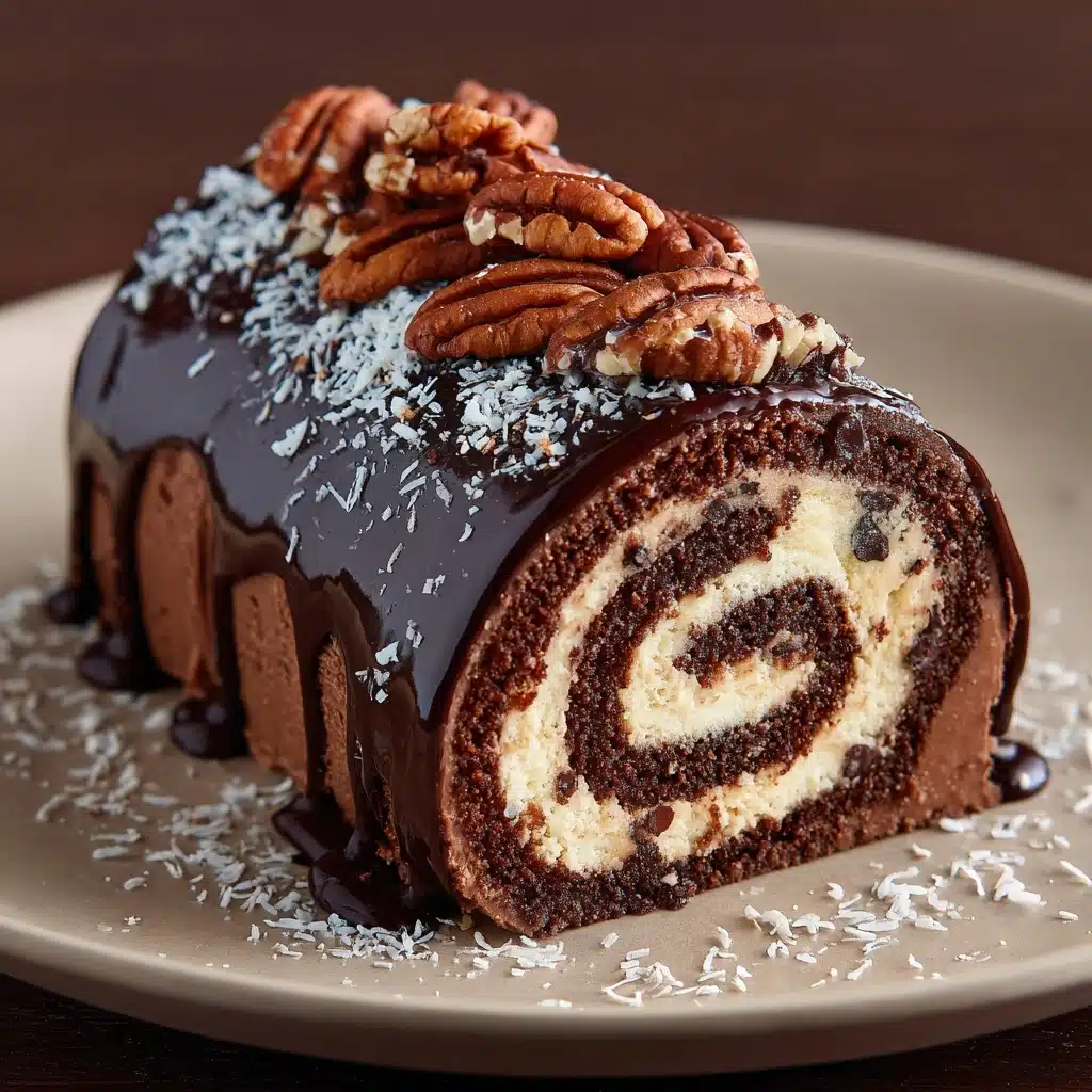 Decadent German Chocolate Coconut Pecan Roll Cake Recipe - Recipe Image