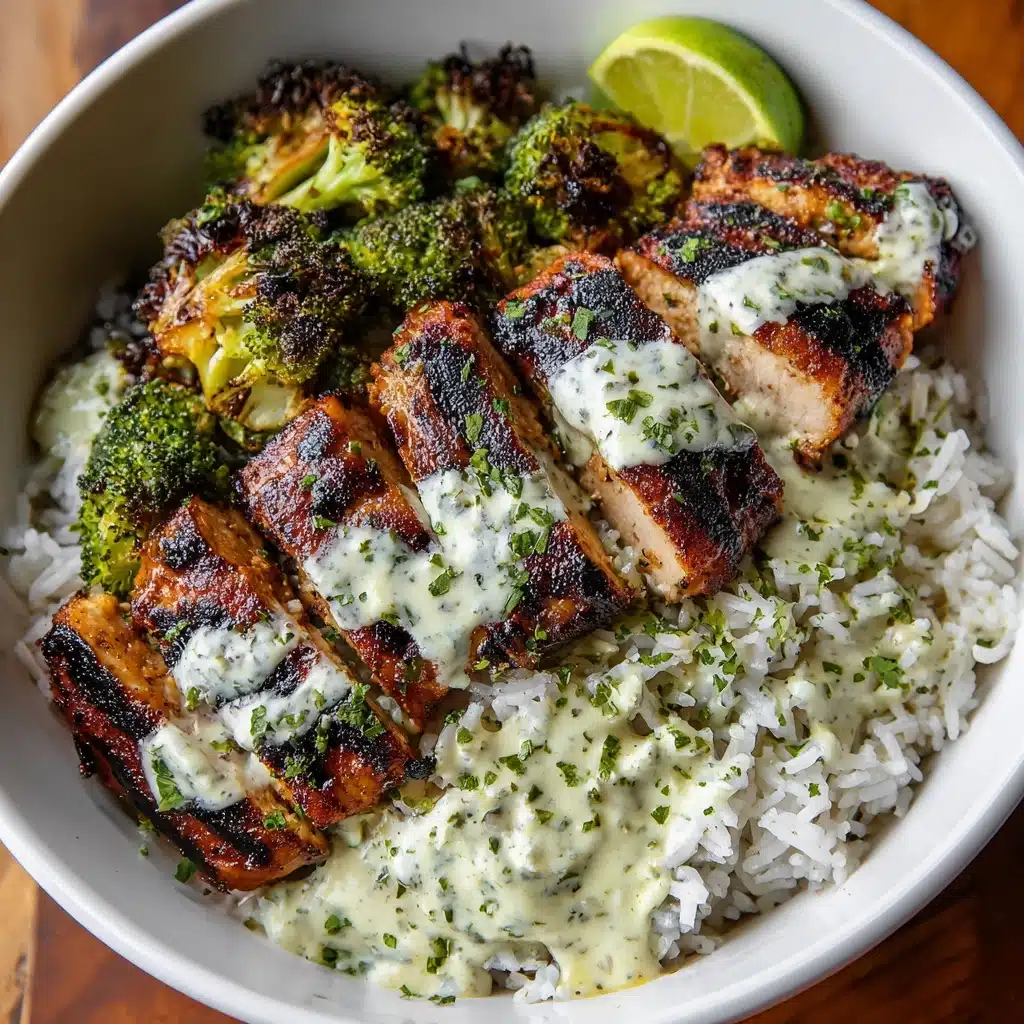 Grilled Chicken & Broccoli Bowls with Creamy Garlic Sauce Recipe - Recipe Image