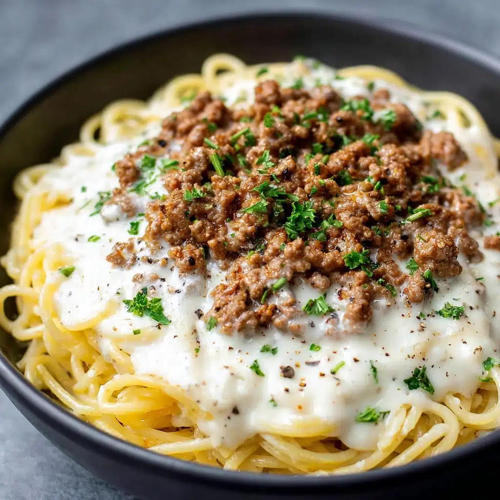 Cheesy Garlic Butter Linguine with Savory Ground Beef Recipe - Recipe Image