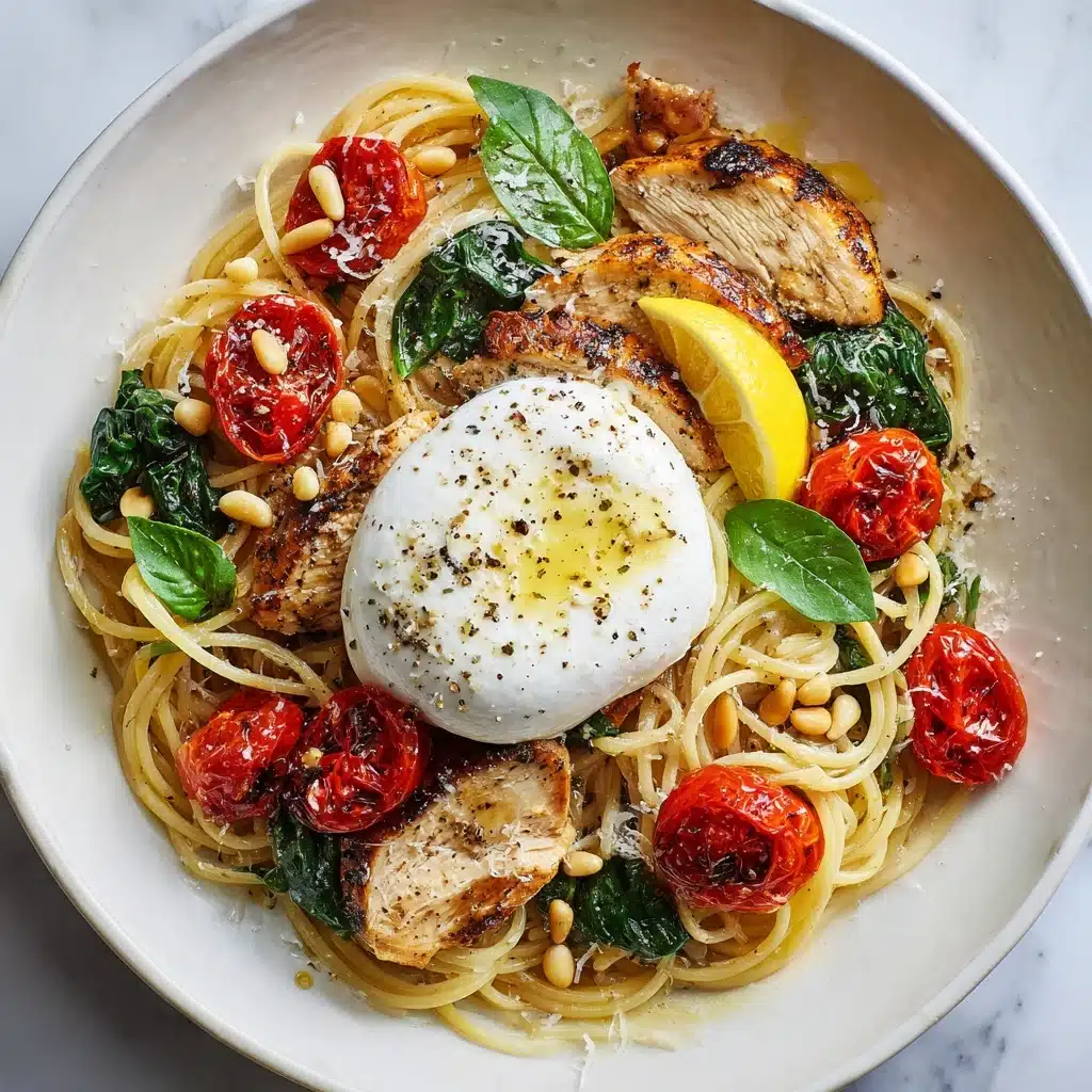 Chicken Spaghetti with Burrata and Lemon Butter Garlic Sauce Recipe - Recipe Image