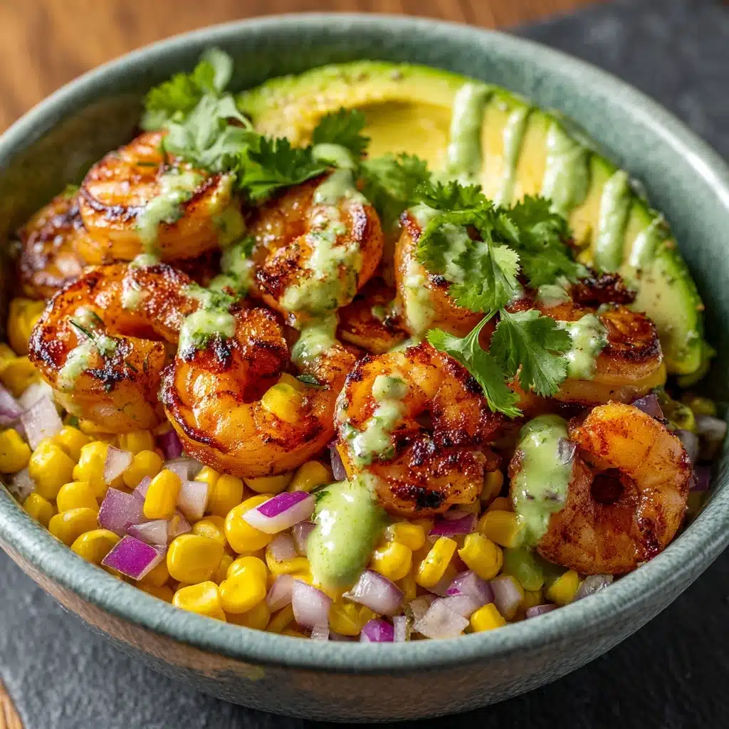 Grilled Shrimp Bowl with Avocado Corn Salsa and Creamy Sauce Recipe - Recipe Image