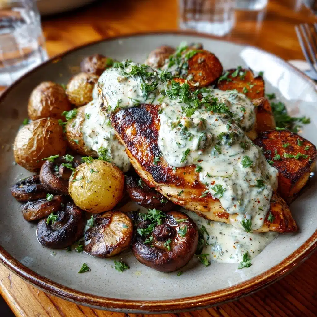 Creamy Garlic Mushroom Chicken Alfredo with Basil Pesto Potatoes Recipe