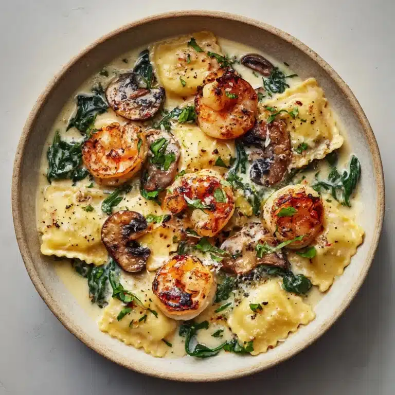 Ravioli with Seafood, Spinach & Mushrooms in Garlic Cream Sauce Recipe
