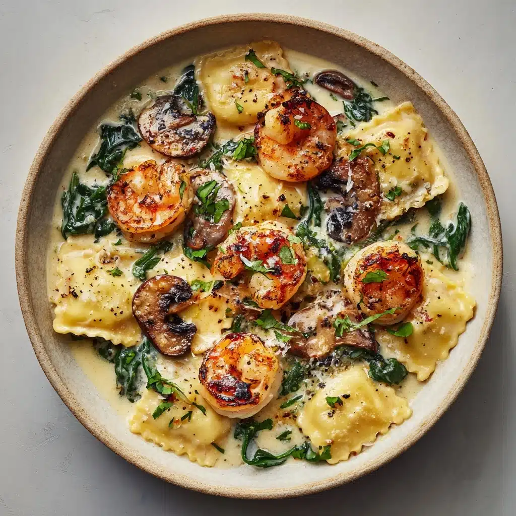 Ravioli with Seafood, Spinach & Mushrooms in Garlic Cream Sauce Recipe