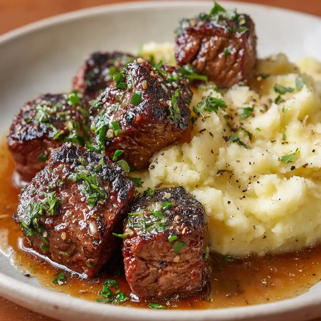 Garlic Butter Beef Bites Paired with Silky Creamy Mashed Potatoes Recipe - Recipe Image