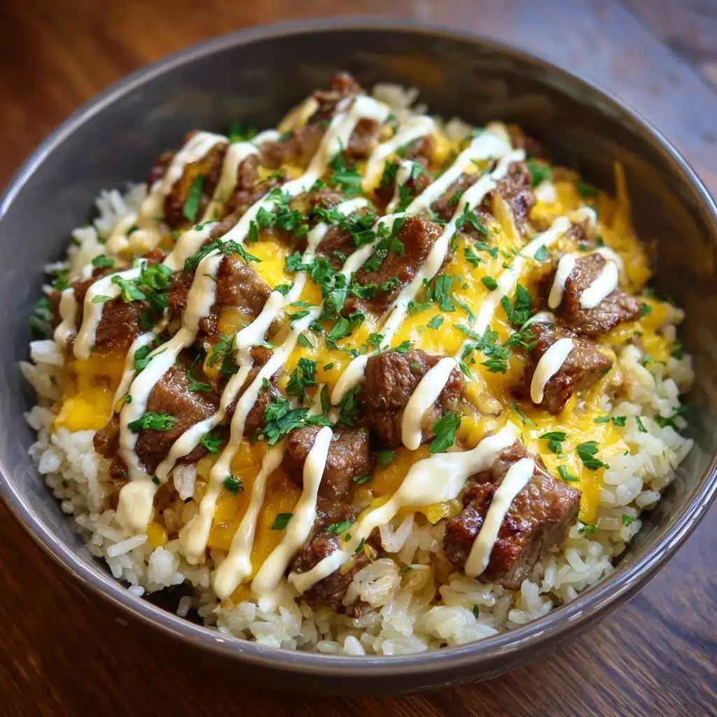 Garlic Butter Beef and Rice Skillet with Cheddar Parmesan Sauce Recipe - Recipe Image