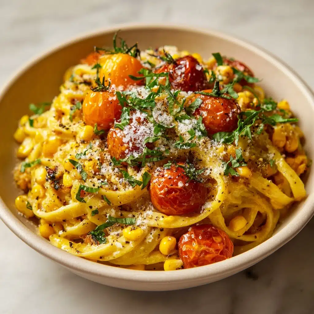 Pasta with Cherry Tomatoes, Roasted Red Peppers, and Corn Recipe - Recipe Image