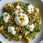 Lemon Pesto Rigatoni with Burrata & Roasted Pine Nuts Recipe
