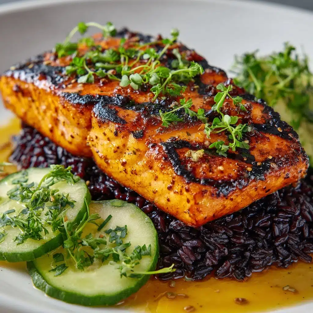 Grilled Salmon with Black Rice and Creamy Cucumber Salad Recipe - Recipe Image