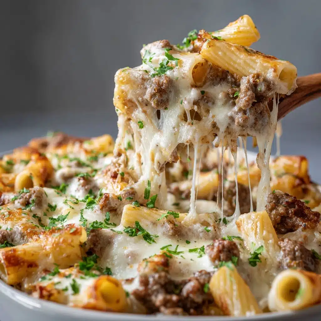 Creamy Cheesy Garlic Butter Rigatoni with Savory Beef Recipe - Recipe Image