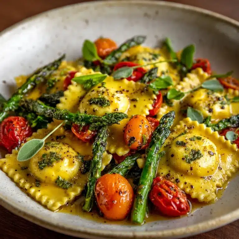 Ravioli with Tomatoes, Asparagus, Garlic, and Herbs Recipe
