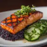Grilled Salmon with Black Rice and Creamy Cucumber Salad Recipe