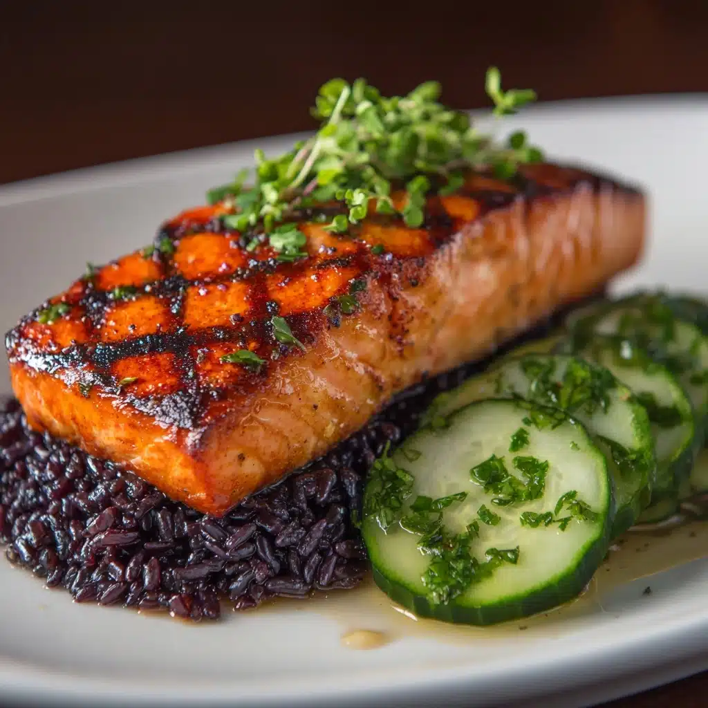 Grilled Salmon with Black Rice and Creamy Cucumber Salad Recipe - Recipe Image