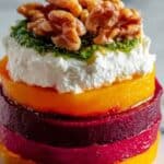 Sweet Potato & Beet Stacks with Pesto, Burrata & Walnuts Recipe
