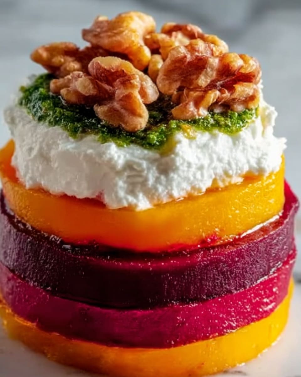 Sweet Potato & Beet Stacks with Pesto, Burrata & Walnuts Recipe