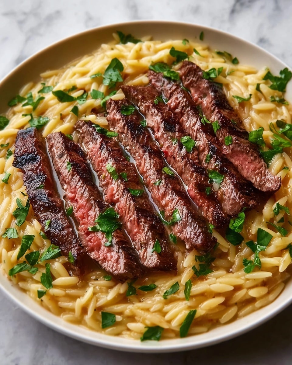Flank Steak with Creamy Sun-Dried Tomato Orzo Recipe - Recipe Image