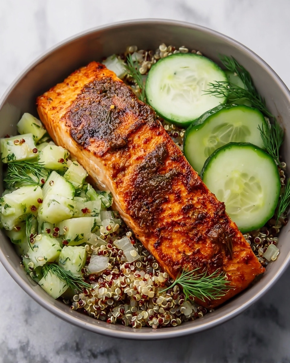 Spiced Salmon Bowl with Quinoa and Cucumber-Dill Salad Recipe - Recipe Image