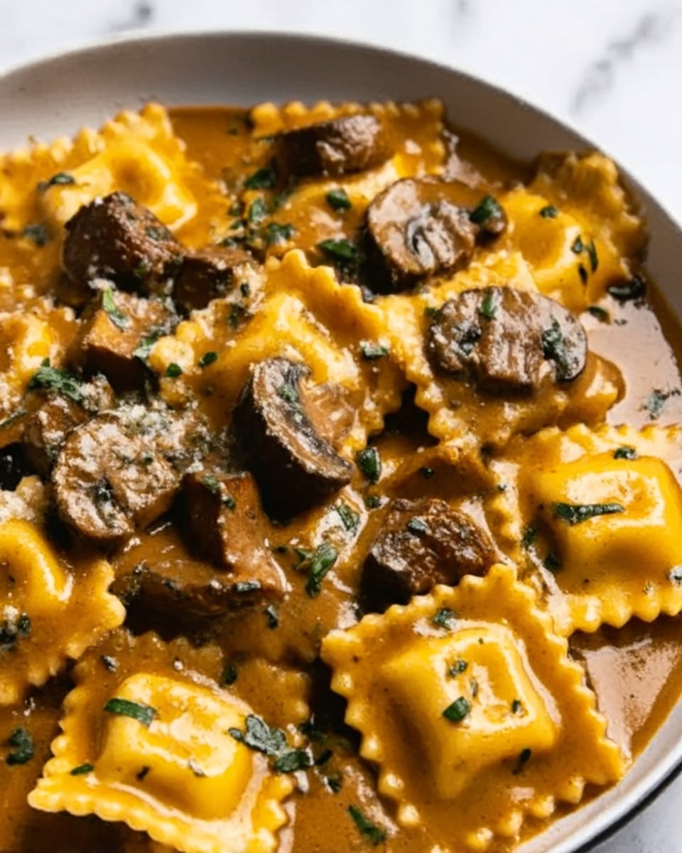 One-Skillet Garlic Butter Steak & Cheese Ravioli Recipe - Recipe Image