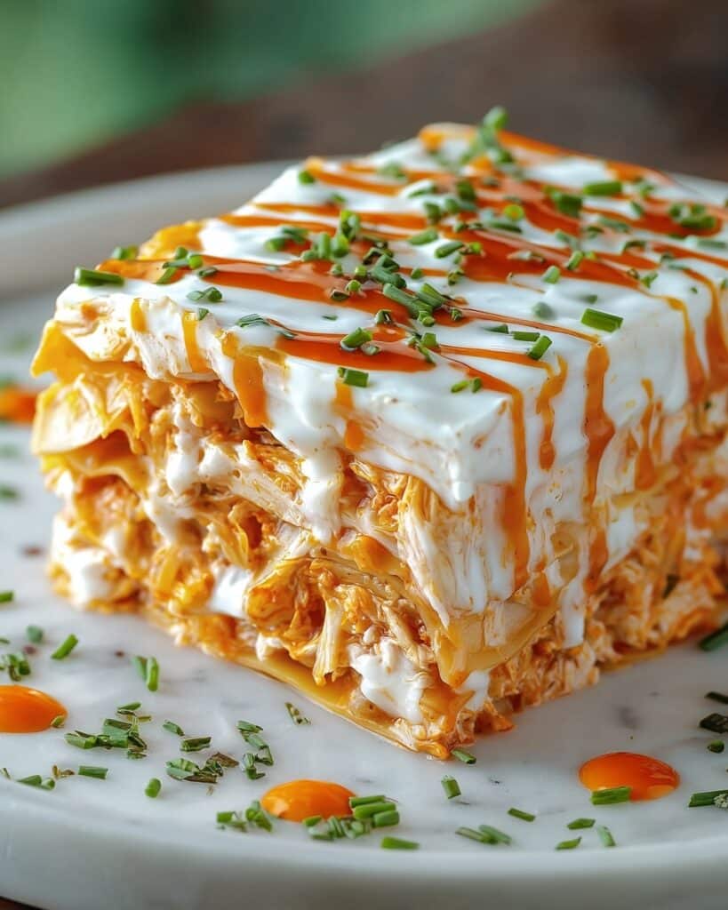 Cheesy Buffalo Chicken Lasagna with Ranch Drizzle Recipe