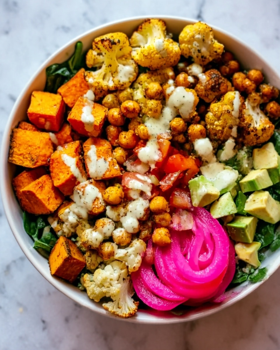 Roasted Cauliflower, Sweet Potato, and Chickpea Bowl with Tzatziki and Tahini Dressing Recipe - Recipe Image
