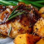 Honey Garlic Chicken with Roasted Sweet Potatoes and Green Beans Recipe