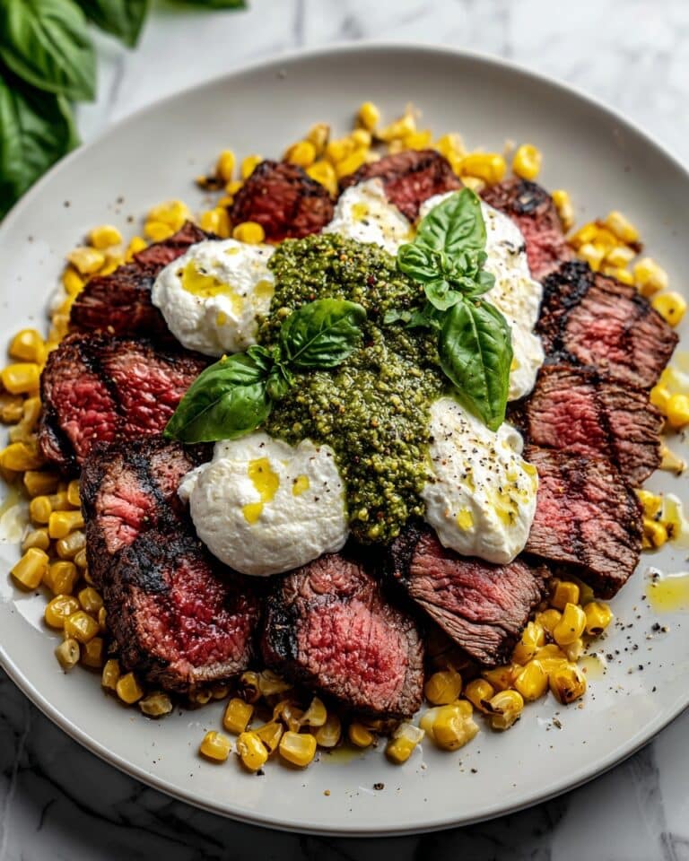 Grilled Flank Steak with Burrata & Pesto Recipe